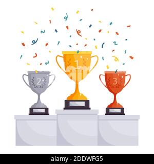 Podiums gagnants. Or, argent, récompenses en bronze, coupes de trophées de compétition, récompense de réalisation sur socle. Illustration du vecteur de célébration de la victoire Illustration de Vecteur
