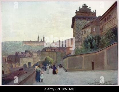 Palais Schwarzenberg (Schwarzenberský palác) et monastère Strahov (Strahovský klášter) à Hradčany à Prague, représenté dans la peinture aquarelle du peintre tchèque Václav Jansa (1896) de son cycle Vieux Prague (Stará Praha) Commandé par le magistrat de Prague et publié au début du XXe siècle par l'éditeur tchèque Bedřich Kočí. Banque D'Images