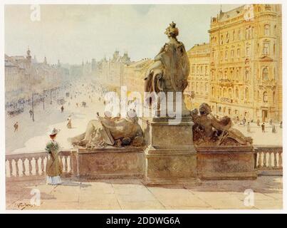 Place Venceslas (Václavské náměstí) photographiée à partir de l'escalier du Musée National (Národní muzeum) à Nové Město (Nouvelle ville) à Prague, représentée dans la peinture aquarelle du peintre tchèque Václav Jansa datant de la fin du 19ème siècle de son cycle Vieux Prague (Stará Praha) Commandé par le magistrat de Prague et publié au début du XXe siècle par l'éditeur tchèque Bedřich Kočí. Banque D'Images