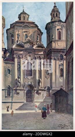 Église Saint-Nicolas (Kostel svateho Mikuláše) sur la place de la Vieille ville (Staroměstské náměstí) à Prague, représentée dans la peinture aquarelle du peintre tchèque Václav Jansa (1900) de son cycle Vieux Prague (Stará Praha) Commandé par le magistrat de Prague et publié au début du XXe siècle par l'éditeur tchèque Bedřich Kočí. Banque D'Images