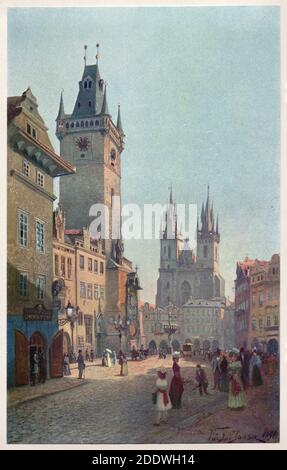 La vieille mairie (Staroměstská radnice) et l'église Týn (Týnský chrám) de la place de la vieille ville (Staroměstské náměstí) à Prague, représentées dans la peinture aquarelle du peintre tchèque Václav Jansa (1891) de son cycle la vieille ville de Prague (Stará Praha) Commandé par le magistrat de Prague et publié au début du XXe siècle par l'éditeur tchèque Bedřich Kočí. Banque D'Images