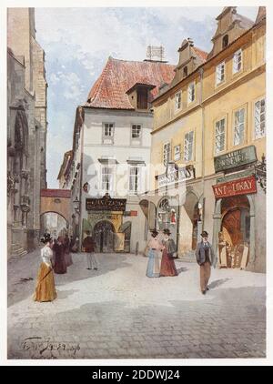 Rue Týnská avec la maison où le peintre baroque tchèque Karel Škréta est né à Staré Město (vieille ville) à Prague, représenté dans la peinture aquarelle du peintre tchèque Václav Jansa (1896) de son cycle Vieux Prague (Stará Praha) Commandé par le magistrat de Prague et publié au début du XXe siècle par l'éditeur tchèque Bedřich Kočí. Banque D'Images