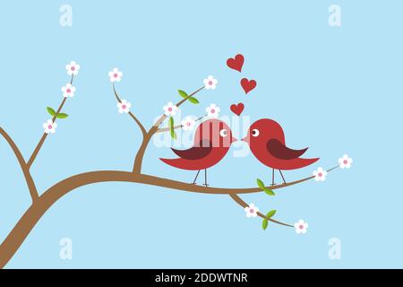 Deux adorables oiseaux amoureux et embrassant sur des branches aux fleurs blanches le jour du printemps. L'amour et le concept du printemps Illustration de Vecteur