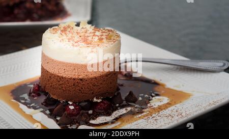 Crème glacée au brownie au chocolat blanc à la crème glacée au chocolat noir sur une assiette blanche garnie de chocolat et de sauce caramel, vue d'un angle, gros plan et focau sélectif Banque D'Images