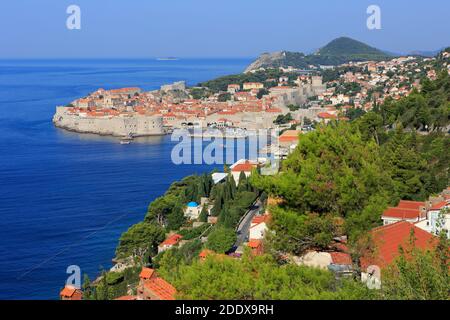 Vue panoramique sur la magnifique vieille ville médiévale fortifiée (site classé au patrimoine mondial de l'UNESCO) de Dubrovnik, Croatie Banque D'Images