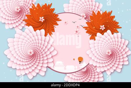 illustration 3d, fond bleu, fleurs fractales bleues et orange Banque D'Images