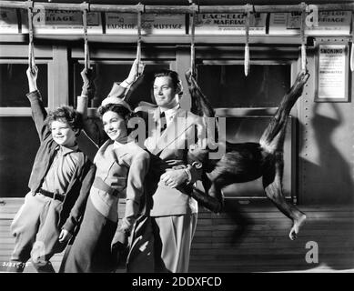 JOHNNY SHEFFIELD MAUREEN O'SULLIVAN JOHNNY WEISSMULLER ET CHEETAH THE CHIMPANZÉ Pose publictiy toujours sur le train de métro de New York pour TARZAN RICHARD THORPE, directeur DE NEW YORK ADVENTURE 1942, est basé sur des personnages Créé par Edgar Rice Burroughs Metro Goldwyn Mayer Banque D'Images