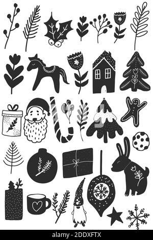 Noël noir et blanc Doodle illustrations objets dans le style scandinave hygge Banque D'Images