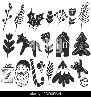 Noël noir et blanc Doodle illustrations objets dans le style scandinave hygge Banque D'Images