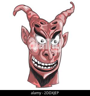 Un personnage de dessin animé démon diable avec un grin méchant. Face extraterrestre avec corne de chèvre. Illustrateur vectoriel. Banque D'Images