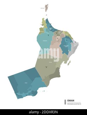 Carte détaillée du higt d'Oman avec subdivisions. Carte administrative de l'Oman avec le nom des districts et des villes, colorée par les États et les districts administratifs. V Illustration de Vecteur