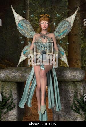 Une fée attrayante avec des ailes libère les papillons d'une cage Banque D'Images