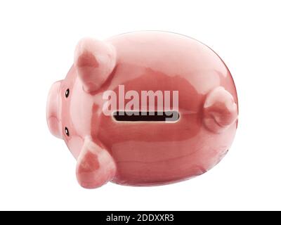 Vue de dessus porcgybank rose isolée sur blanc Banque D'Images