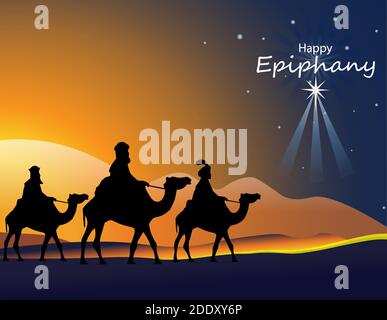 Illustration vectorielle d'Epiphany, un festival chrétien. Jésus Christ peu après sa naissance. Résumé 3 rois regardant l'étoile dans un fond de nuit sombre Illustration de Vecteur