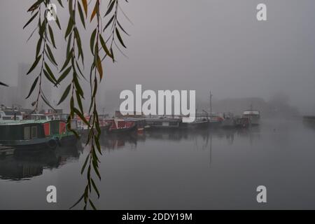 Poleur Dock Marina dans le brouillard du matin, Docklands, est de Londres le 27 novembre 2020 Banque D'Images