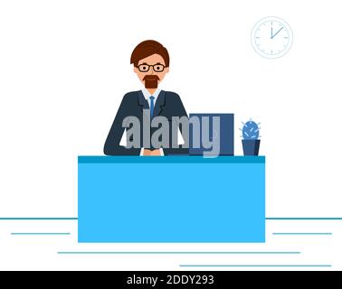 Homme d'affaires en costume travaillant sur un ordinateur portable et un bureau. Illustration vectorielle de style moderne et plat sur fond blanc. Illustration de Vecteur