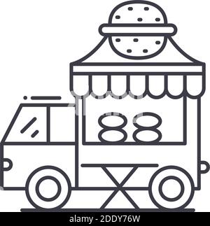 Icône FoodTruck, illustration isolée linéaire, vecteur ligne mince, signe de conception de Web, symbole de concept de contour avec contour modifiable sur fond blanc. Illustration de Vecteur