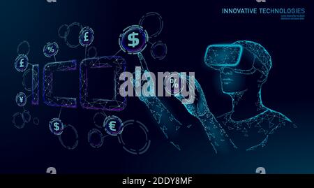 Première pièce de monnaie offrant ICO lettres concept de technologie. Business Finance Economy style poly bas. Offre en ligne de crypto-monnaie. Internet Illustration de Vecteur