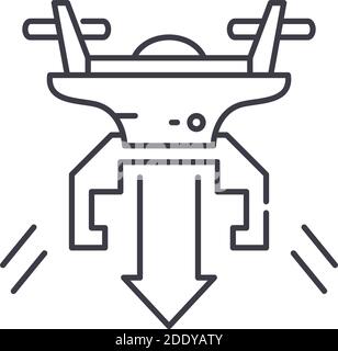 Icône de drone survolée, illustration isolée linéaire, vecteur de ligne mince, signe de conception Web, symbole de concept de contour avec trait modifiable sur fond blanc. Illustration de Vecteur