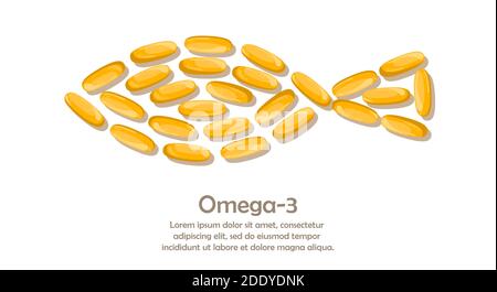 Modèle avec espace pour texte avec capsules d'huile de poisson. Additif biologiquement actif. Oméga-3 Illustration de Vecteur