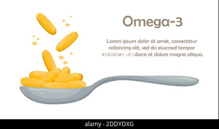 Modèle avec espace pour texte avec capsules d'huile de poisson. Additif biologiquement actif. Oméga-3 Illustration de Vecteur