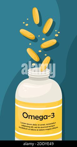Une bouteille de capsules d'huile de poisson. Additif biologiquement actif. Oméga-3 Illustration de Vecteur