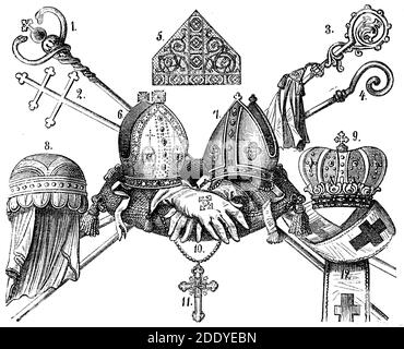 Insignes et vêtements d'un évêque, crosier, onglet, gant, croix pectorale, bandage d'épaule / Insignien und Bekleidungsgegenstände eines Bischof, Bischofsstab, Mitra, Handschuh, Brustkreuz, Schulterbinde, Historisch, historique, numérique reproduction améliorée d'un original du XIXe siècle / Redigeofstab olebeen 19. Jahrhundert, Banque D'Images