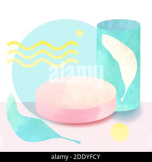 scène d'aquarelle décorative rose pour la publicité de produits avec des points jaunes et des vagues et des éléments turquoise Banque D'Images