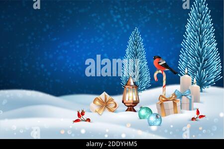 Bannière Joyeux Noël et bonne année. Scène de nuit enneigée avec des cadeaux, un oiseau assis sur une canne à sucre et une vieille lanterne Banque D'Images