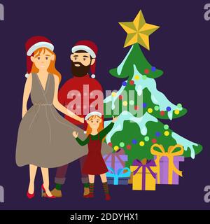 vecteur avec les parents debout avec la fille près de l'arbre de noël sur bleu Illustration de Vecteur