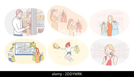 Shopping dans un centre commercial ou un supermarché et un concept de vente. Des femmes et des hommes heureux clients personnages de dessins animés shopping dans l'épicerie ou des vêtements bouti Illustration de Vecteur