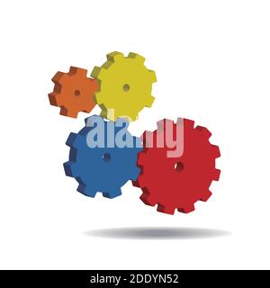 Quatre engrenages de couleurs rouge, orange, jaune et bleu isolés sur fond blanc. Concept d'équipe de travail. Illustration vectorielle. Illustration de Vecteur