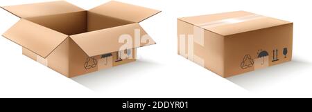 boîtes de carton vectorielles 3d réalistes en vue ouverte et fermée. Illustration d'icône isolée sur fond blanc. Illustration de Vecteur