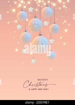 Joyeux Noël et bonne année bannière réaliste. Élégante couverture de Noël avec boules de Noël blanches et étoiles. Illustration 3D Illustration de Vecteur