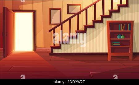 Illustration de style dessin animé vectoriel de l'intérieur de la maison. Porte ouverte avec escalier et mobilier rustique ancien et parquet. Illustration de Vecteur