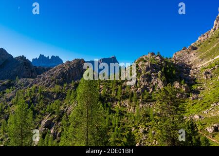 Lastoni de Formin, alias Ponta Lastoi de Formin. Bloc de montagne géant avec prairie verte, arbres et ciel d'été, Dolomites, Italie. Banque D'Images