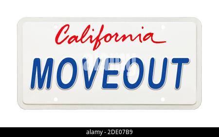 Plaque d'immatriculation californienne avec les mots Move Out imprimés dessus, Banque D'Images