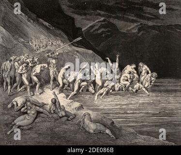 Dante Divina Commedia - Enfer - Charon, fait le damned obtenir sur le bateau en les battant avec l'oar - illustration par Gustave Dorè Banque D'Images