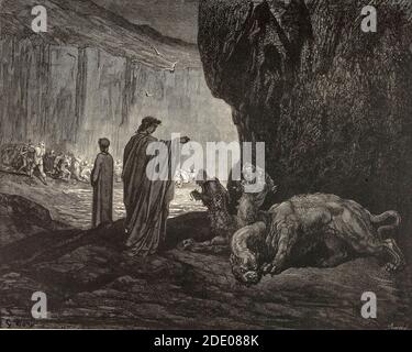 Dante Divina Commedia - Enfer -Dante rencontre Cerberus, un personnage de la mythologie grecque, l'un des monstres qui gardent l'entrée du monde sous-jacent sur lequel le dieu Hades régna - Canto VI - illustration de Gustave Dorè Banque D'Images