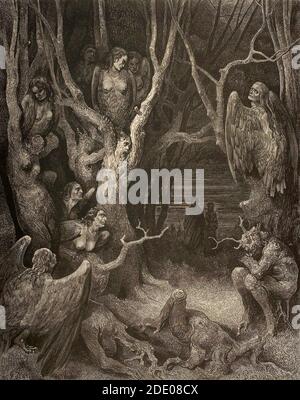 Dante Divina Commedia - Enfer - XIII Canto - la selva dei suicidi - VII cercle - illustration par Gustave Dorè Banque D'Images