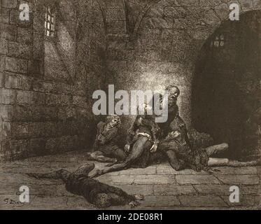 Dante Divina Commedia - Enfer - XXXIII Canto - Dante et Virgile dans la glace de Cocito, où les traîtres des parents (Caina) et ceux de la patrie et du parti (Antenora) sont punis respectivement - Ugolino mort des fils - IX cercle - illustration par Gustave Dorè Banque D'Images