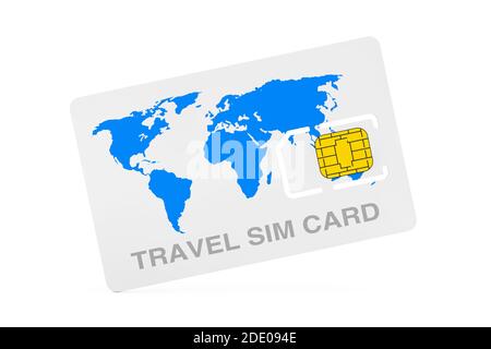 Carte SIM de téléphone portable de voyage avec carte du monde sur fond blanc. Rendu 3d Banque D'Images