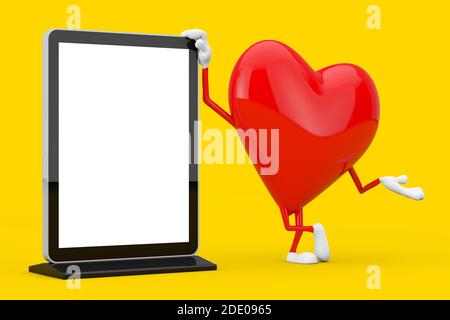 Mascotte de personnage de coeur rouge avec écran LCD de salon blanc Stand comme modèle pour votre conception sur un fond jaune. Rendu 3d Banque D'Images