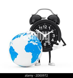 Mascotte de personnage de réveil avec boîte cadeau et globe terrestre sur fond blanc. Rendu 3d Banque D'Images