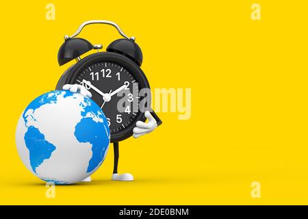 Mascotte de personnage de réveil avec boîte cadeau et globe terrestre sur fond jaune. Rendu 3d Banque D'Images