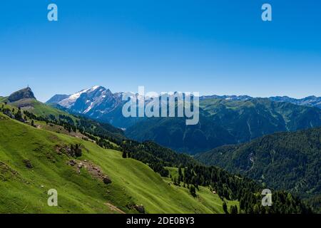 Paysage naturel incroyable dans les Alpes Dolomites. Printemps floraison prairie. Fleurs dans les montagnes. Fleurs fraîches de printemps. Vue sur les montagnes. Panorama Banque D'Images