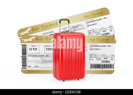 Concept de voyage. Grande valise en polycarbonate rouge devant deux billets d'avion Golden Business ou First Class Airline Boarding Pass Fly Air sur fond blanc Banque D'Images