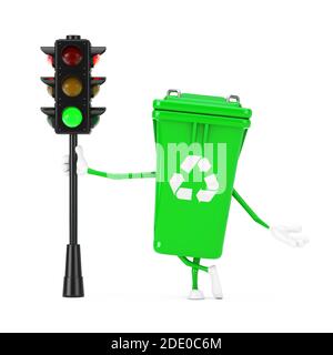 Panneau de recyclage vert poubelle personnage Mascot avec feu vert sur fond blanc. Rendu 3d Banque D'Images