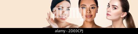 Peau de beauté multi-ethnique. Trois femmes de différentes origines avec une peau naturelle brillante sur fond beige pastel Banque D'Images