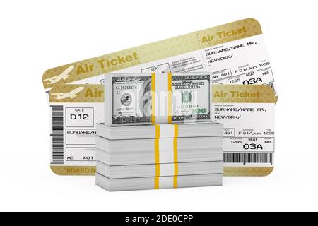 Une pile de billets en dollars devant deux billets d'avion Golden Business ou First Class Airline Boarding Pass Fly sur fond blanc. Rendu 3d Banque D'Images
